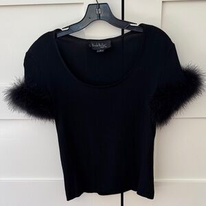 Nicole Miller Black Top with Feathered Sleeves